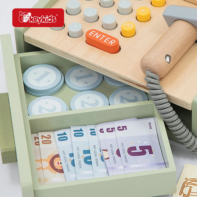 Montessori Wooden Cash Register Toy Set Supermarket Pretend Play with Shopping Accessories, Educational Role Play W10A258